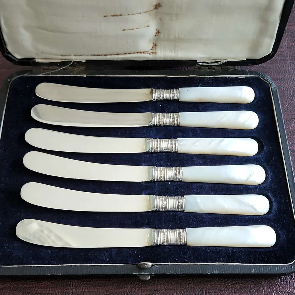 Vintage Set of 6 Silver Plate Mother of Pearl Handled butter knives